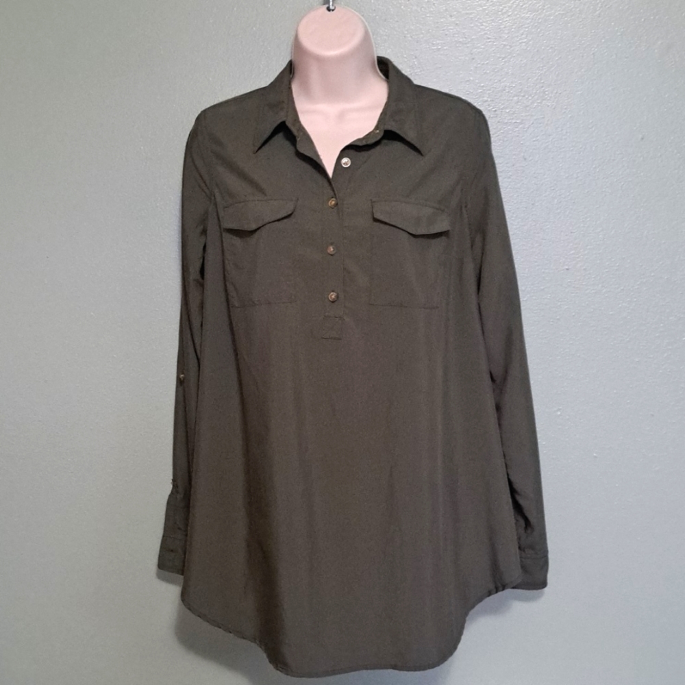 Isabel Maternity blouse medium olive green roll sleeve tunic.